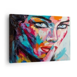 Canvastavla - Bild på duk - Färgglatt porträtt av en kvinna i abstrakt stil - 70x50cm - Vår första hemlighet - Modern väggdekoration för vardagsrum och sovrum ARTTOR