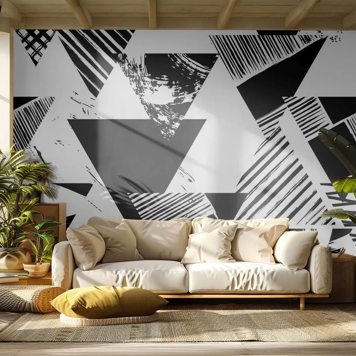 Självhäftande Fototapet Deluxe Sticker - Det regnar trianglar - Abstraktion, Grafik, Svartvitt - 250x175 cm