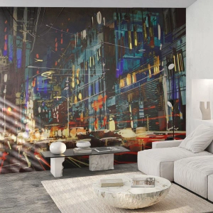 Självhäftande Fototapet Deluxe Sticker - Gatans kvällsbuller - Stad, Arkitektur, Nattliv - 500x350 cm