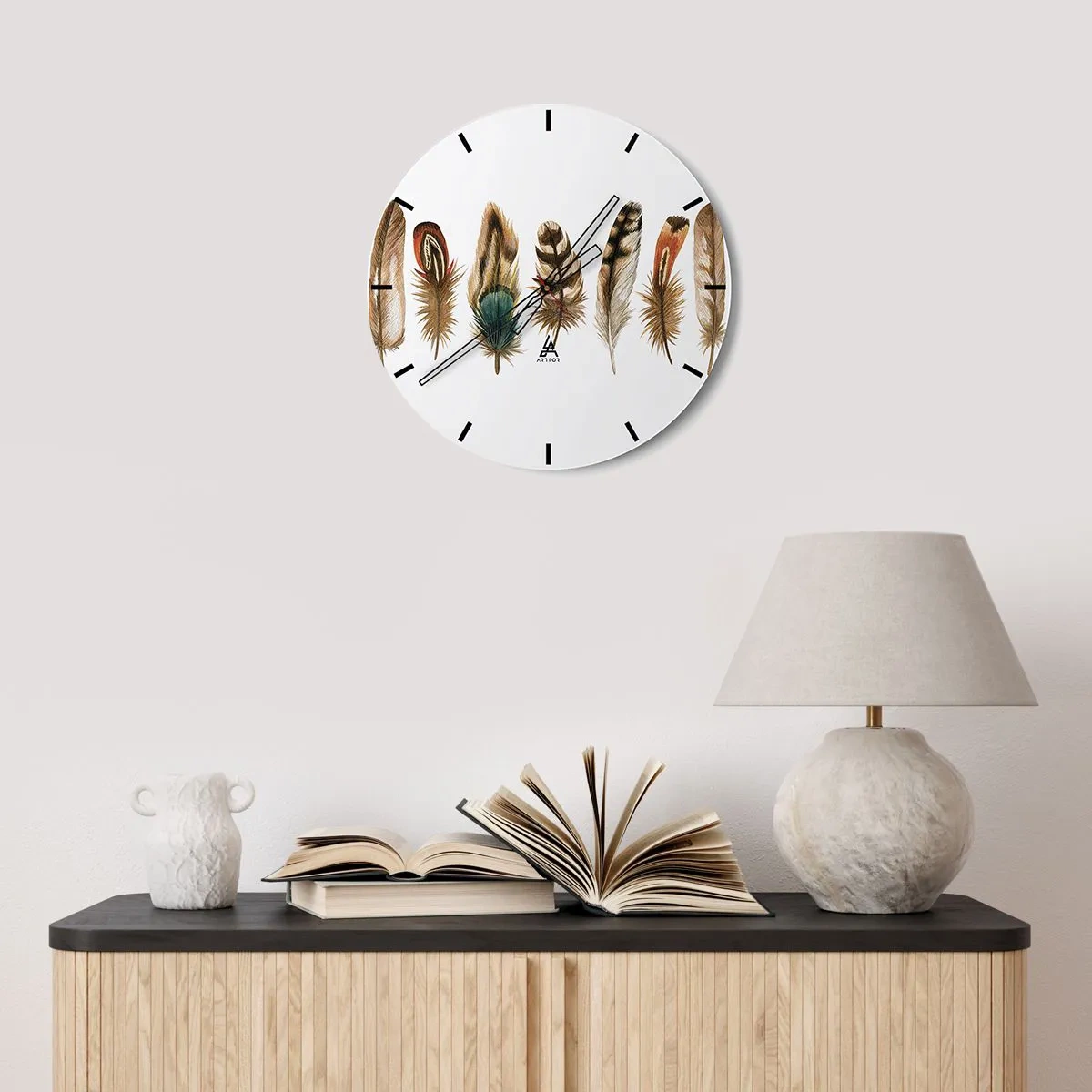 Väggklocka - Klocka på glas - Fjädervariation - 30x30 cm