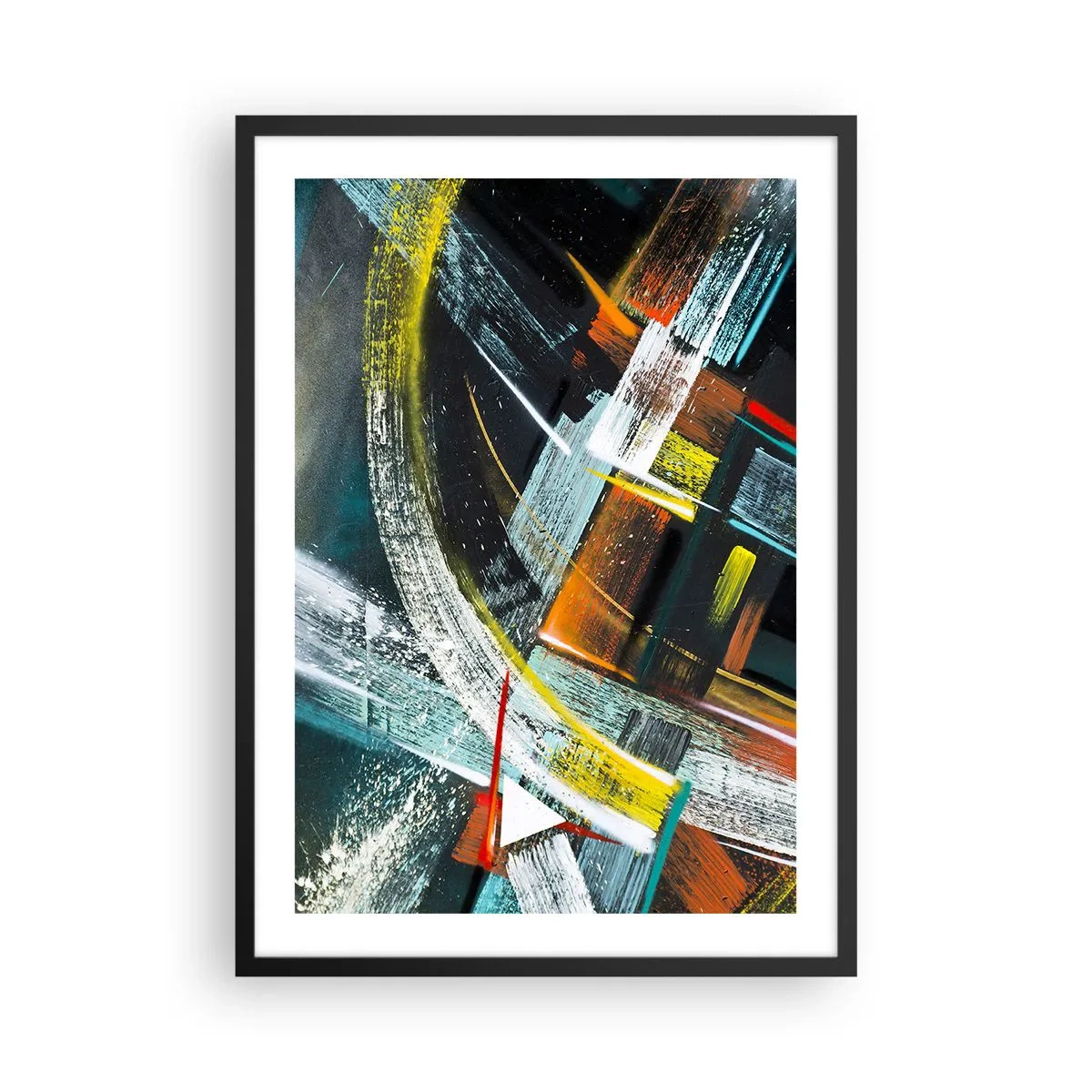 Affisch i svart ram - Abstraktion i intensiva färger med geometriska former - 50x70cm - Rörelsens energi - Modern väggdekoration för vardagsrum och sovrum ARTTOR