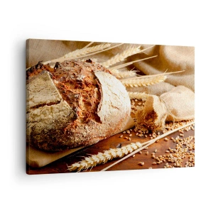 Canvastavla - Bild på duk - Krispigt bröd med korn och veteöron på en träbakgrund - 70x50cm - Aptitlig, doftande, knaprig - Modern väggdekoration för vardagsrum och sovrum ARTTOR
