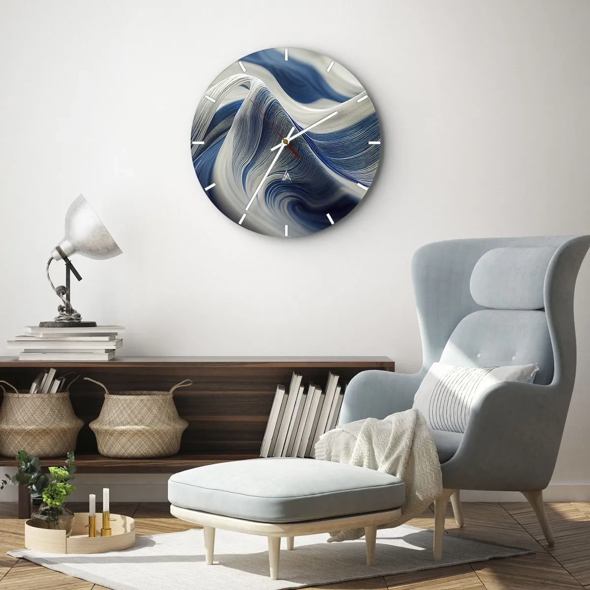 Väggklocka - Klocka på glas - Dynamiska virvlar i nyanser av blått och vitt med ett vågigt arrangemang - 30x30cm - Flöde av blått och vitt - Modern väggdekoration för vardagsrum, kök och sovrum ARTTOR