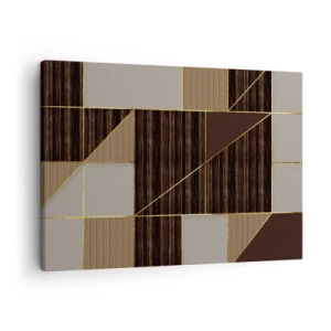 Canvastavla - Bild på duk - Geometriska mönster i bruna nyanser med guldlinjer - 70x50cm - Mosaik av brun och guld - Modern väggdekoration för vardagsrum och sovrum ARTTOR