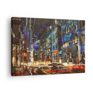 Canvastavla - Bild på duk - Stadsnattscen med neonljus - 70x50cm - Gatans kvällsbuller - Modern väggdekoration för vardagsrum och sovrum ARTTOR