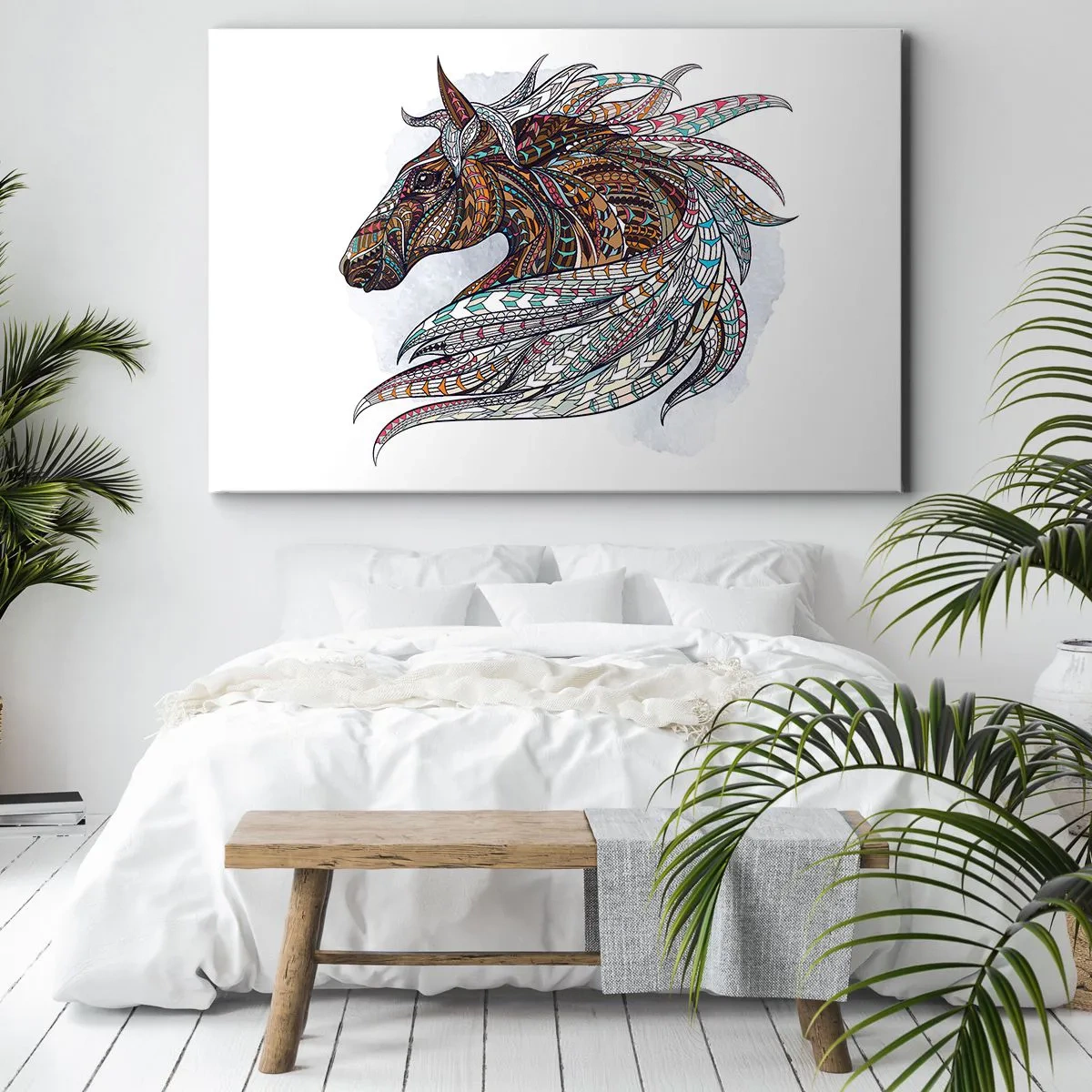 Canvastavla - Bild på duk - En geometrisk häst med en färgglad, detaljerad man - 70x50cm - Keltiska kämpens häst - Modern väggdekoration för vardagsrum och sovrum ARTTOR