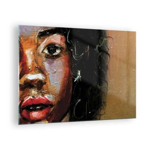 Glastavla - Bild på glas - Fragment av ett färgstarkt porträtt av en kvinna i målerisk stil - 70x50cm - Svärta och sken - Modern väggdekoration för vardagsrum och sovrum ARTTOR