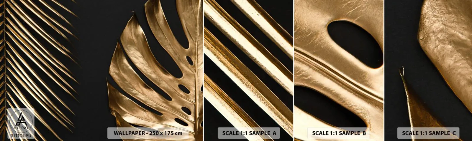 Fototapet Prov Standard Eco - Olika men lika dyra - Palmblad, Monstera löv, Abstraktion - 100x30 cm