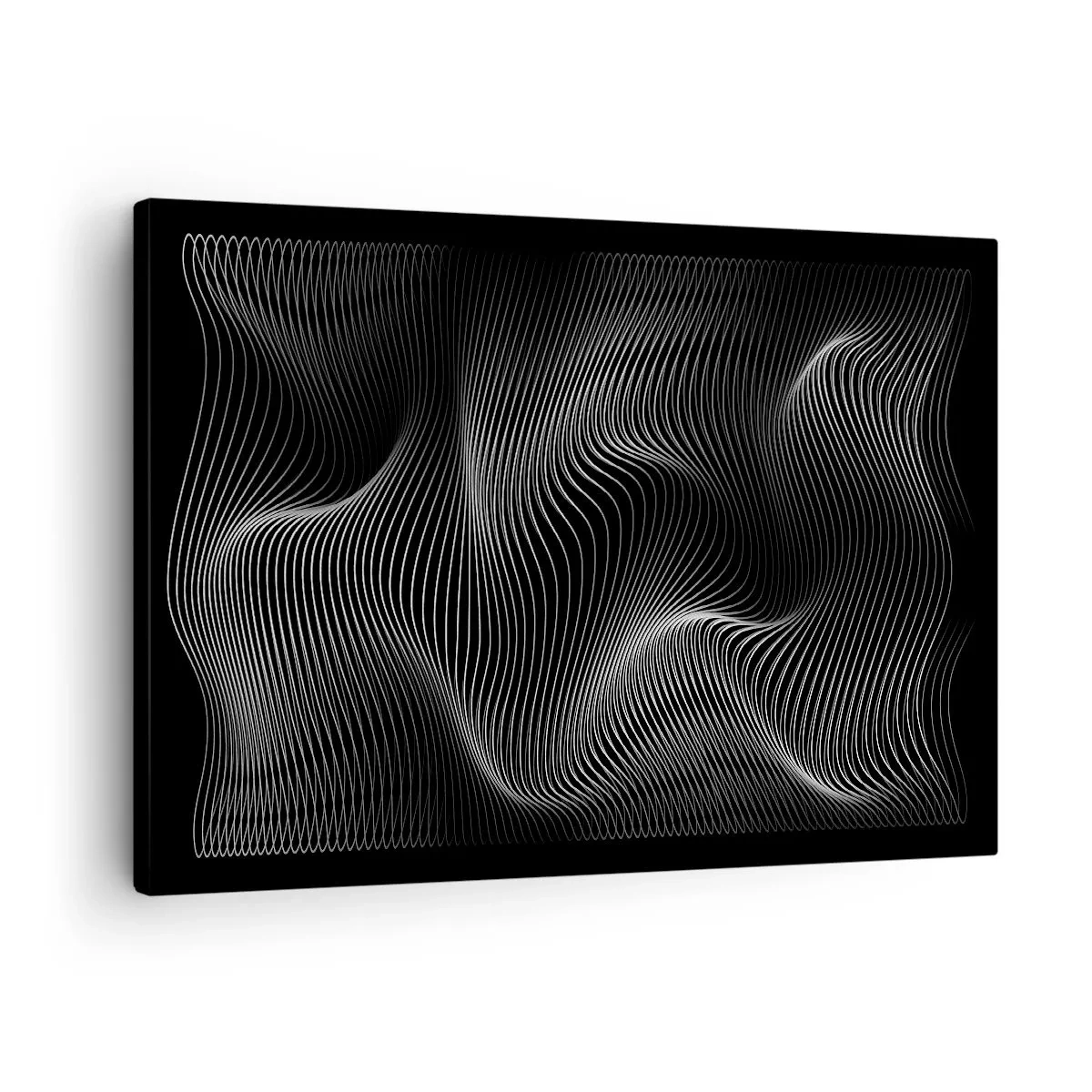 Canvastavla - Bild på duk - Abstrakta vita linjer på svart bakgrund - 70x50cm - Ljusets dans i rymden - Modern väggdekoration för vardagsrum och sovrum ARTTOR
