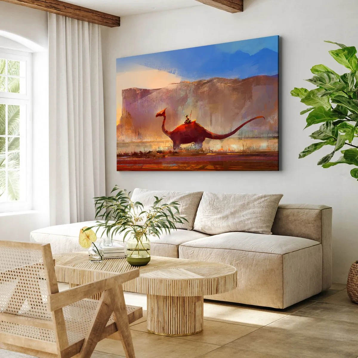 Canvastavla - Bild på duk - En fantasiscen med en ryttare på en förhistorisk varelse - 70x50cm - Om de inte dött ut - Modern väggdekoration för vardagsrum och sovrum ARTTOR