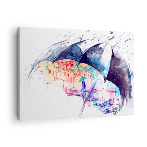 Canvastavla - Bild på duk - En färgglad stad gömd under abstrakta paraplyer - 70x50cm - Promenad i regnet - Modern väggdekoration för vardagsrum och sovrum ARTTOR