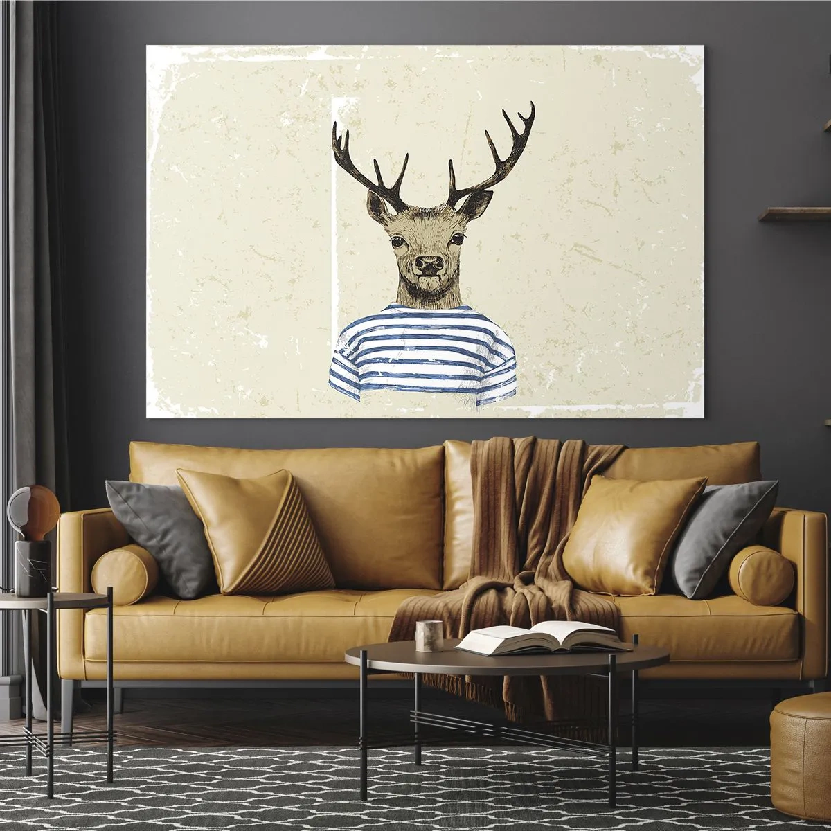 Glastavla - Bild på glas - Grafik av en hjort i sjömansskjorta mot en ljus bakgrund - 70x50cm - Ty jag gillar randiga tröjor! - Modern väggdekoration för vardagsrum och sovrum ARTTOR
