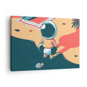 Canvastavla - Bild på duk - Rolig astronaut på stranden med rymdelement i bakgrunden - 70x50cm - Ur ett annat perspektiv - Modern väggdekoration för vardagsrum och sovrum ARTTOR