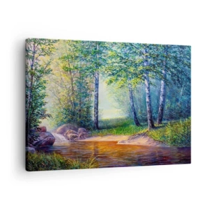 Canvastavla - Bild på duk - En skogsbäck omgiven av björkar och solsken - 70x50cm - Idyllisk vy - Modern väggdekoration för vardagsrum och sovrum ARTTOR