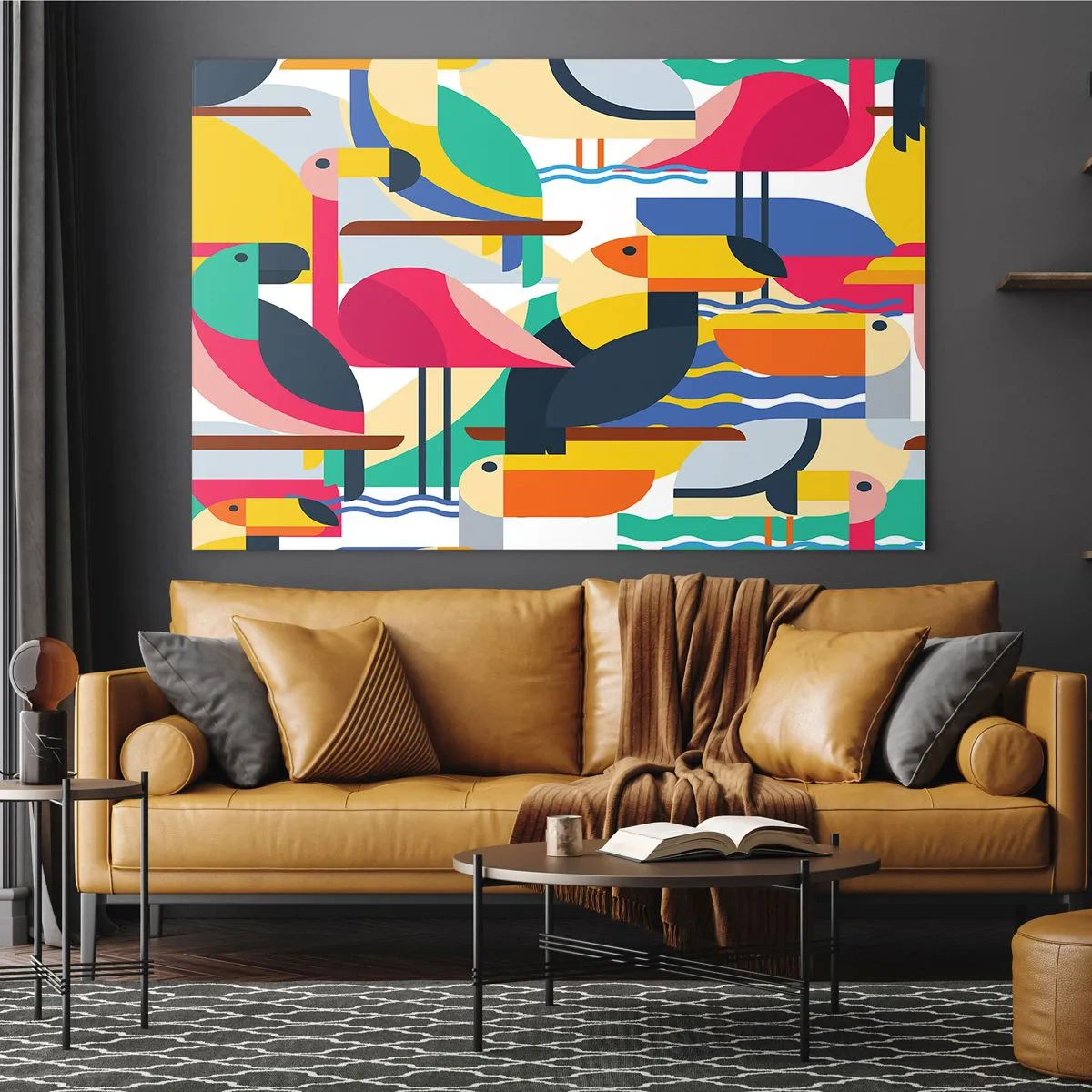 Glastavla - Bild på glas - Abstrakt illustration av färgglada fåglar i geometrisk stil - 70x50cm - Fågelparty - Modern väggdekoration för vardagsrum och sovrum ARTTOR