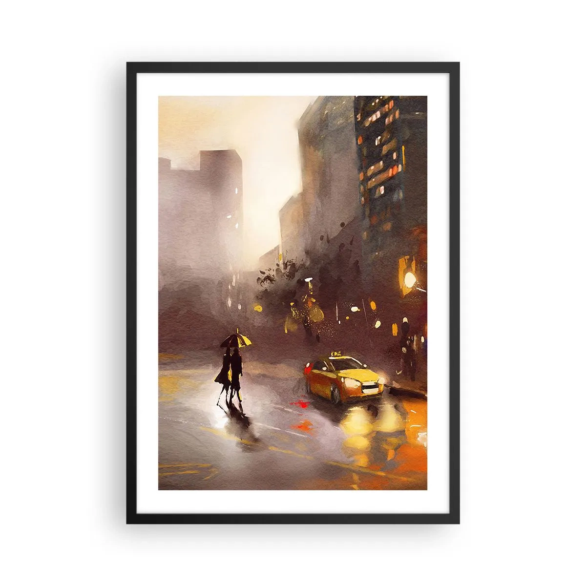 Affisch i svart ram - En akvarellmålning av en nattstad i ljuset av lyktor - 50x70cm - I New Yorks ljus - Modern väggdekoration för vardagsrum och sovrum ARTTOR