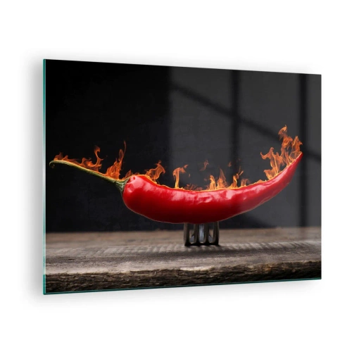 Glastavla - Bild på glas - Brinnande röd chilipeppar på en svart bakgrund - 70x50cm - Helvetiskt tilltugg - Modern väggdekoration för vardagsrum och sovrum ARTTOR