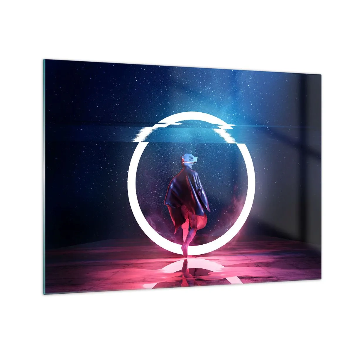 Glastavla - Bild på glas - En figur i en futuristisk miljö med en neonring - 70x50cm - Mellan världar - Modern väggdekoration för vardagsrum och sovrum ARTTOR