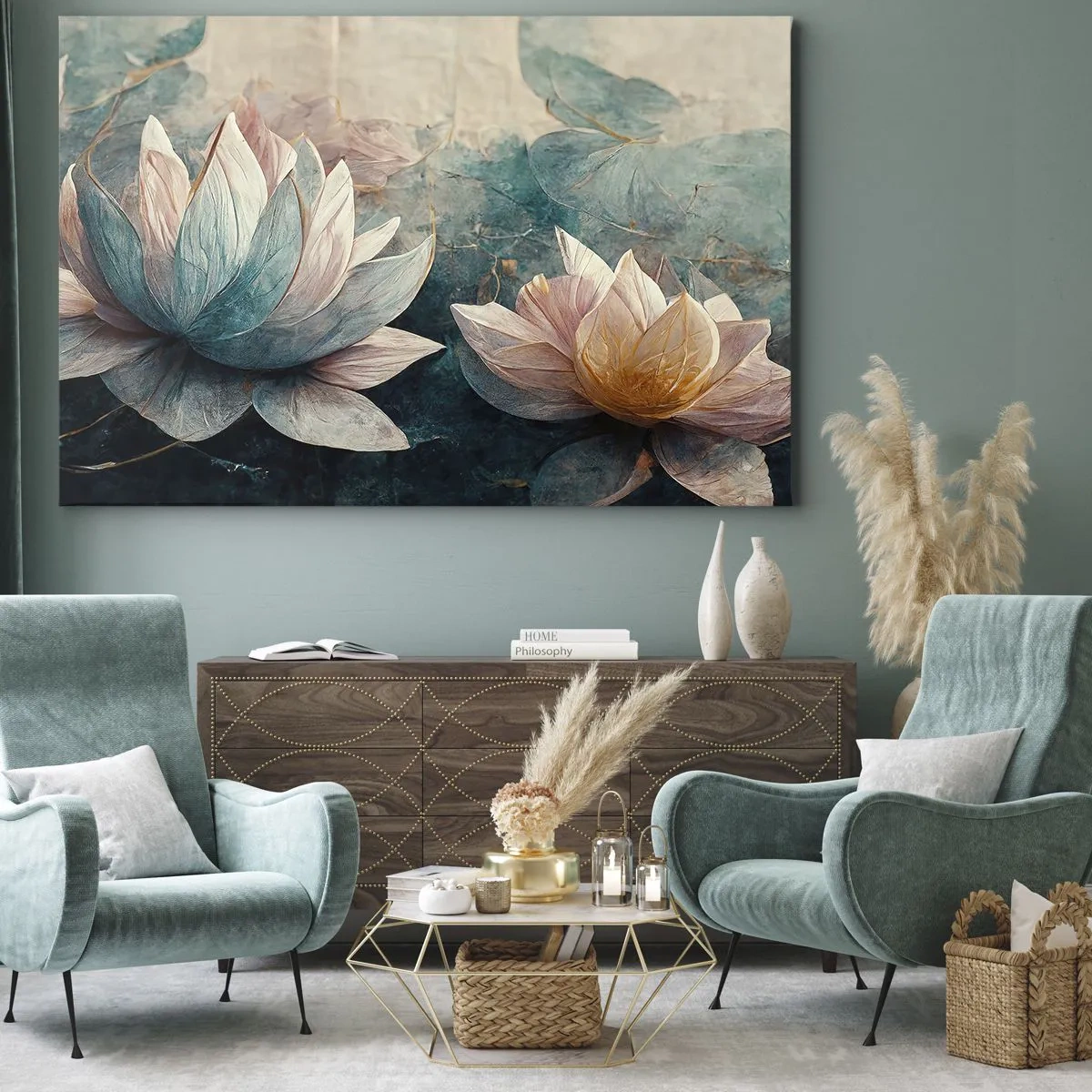 Canvastavla - Bild på duk - Subtila näckrosor i pastellfärger av blått och guld - 70x50cm - Stjärnor i en sjö - Modern väggdekoration för vardagsrum och sovrum ARTTOR