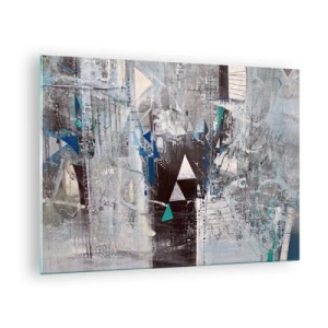 Glastavla - Bild på glas - Geometriska trianglar mot bakgrund av en abstrakt komposition i grå nyanser. - 70x50cm - Trianglarnas överordnade ordning - Modern väggdekoration för vardagsrum och sovrum ARTTOR