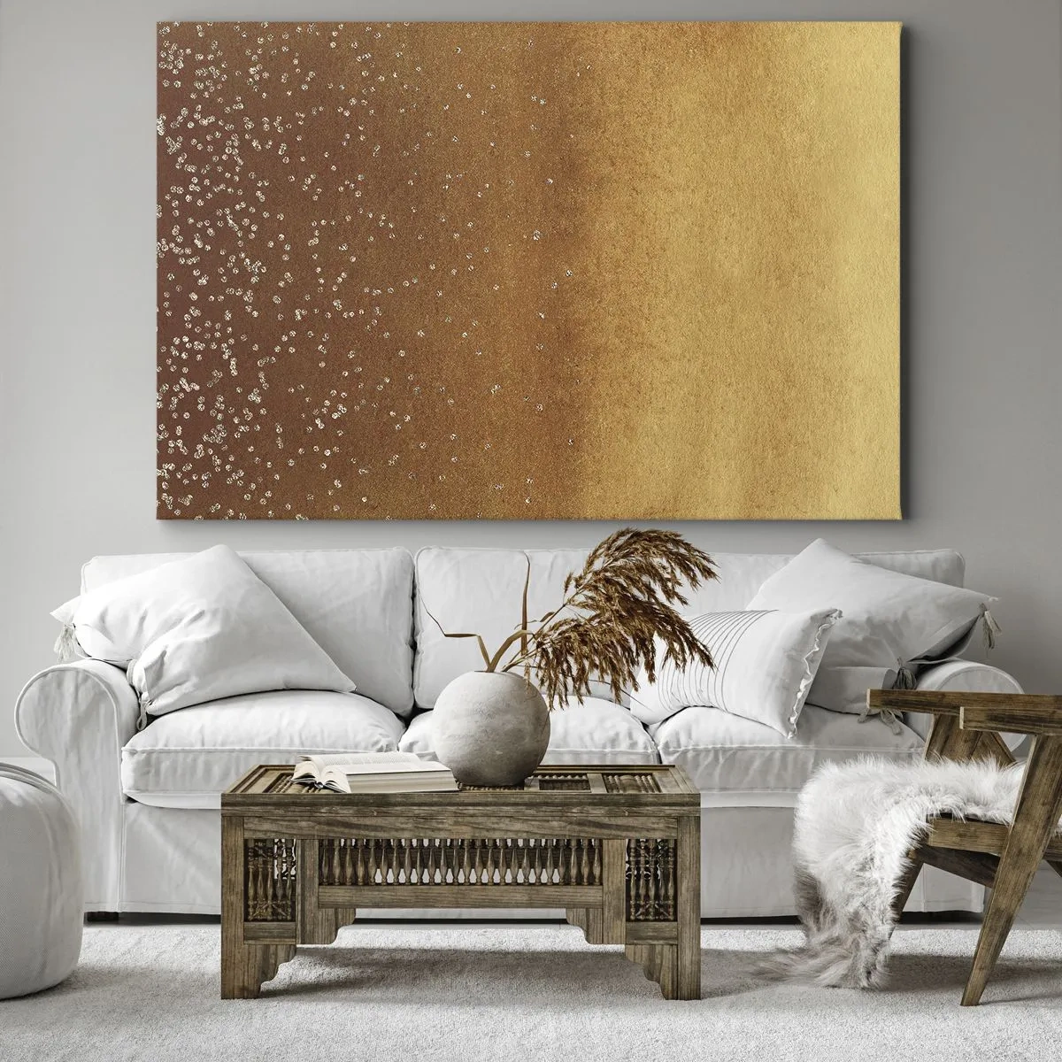 Canvastavla - Bild på duk - En gyllene toning med subtilt skimmer och utsmyckning - 70x50cm - Ljusets födsel - Modern väggdekoration för vardagsrum och sovrum ARTTOR