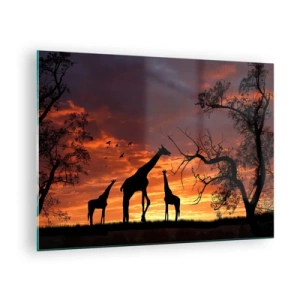 Glastavla - Bild på glas - Silhuetter av giraffer mot bakgrund av en solnedgång i ett afrikanskt landskap - 70x50cm - Liten middag med de närmaste - Modern väggdekoration för vardagsrum och sovrum ARTTOR