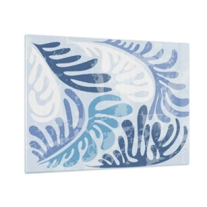 Glastavla - Bild på glas - Dekorativa ormbunkeblad i nyanser av blått mot en ljus bakgrund - 70x50cm - Blåa ormbunkar - Modern väggdekoration för vardagsrum och sovrum ARTTOR