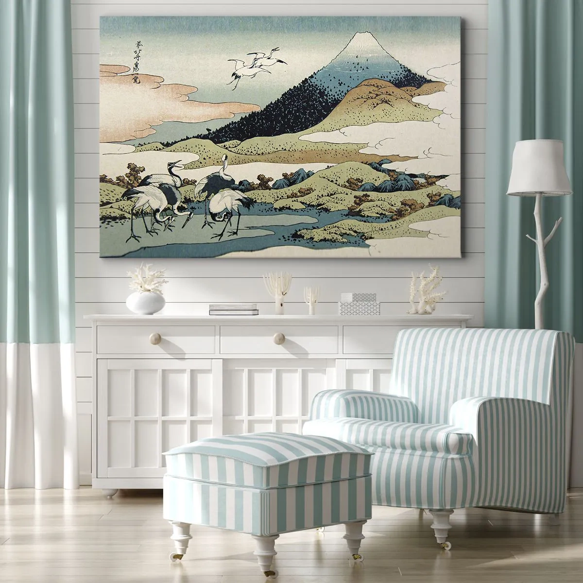 Canvastavla - Bild på duk - Traditionell japansk grafik med berg och tranor - 70x50cm - I japansk anda - Modern väggdekoration för vardagsrum och sovrum ARTTOR