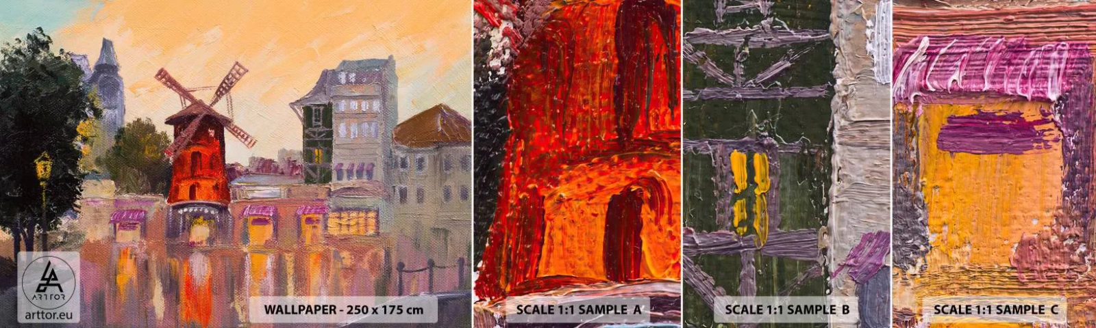 Provbit av självhäftande fototapet Deluxe Sticker - Ikoner av Paris – Moulin Rouge - Paris, Fläkt, Moulin Rouge - 100x30 cm