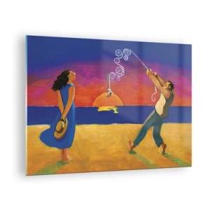 Glastavla - Bild på glas - Färgglad abstrakt av ett par på stranden vid solnedgången - 70x50cm - Mer än en stjärna från himlen - Modern väggdekoration för vardagsrum och sovrum ARTTOR