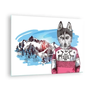 Glastavla - Bild på glas - Husky i en tröja med berg i bakgrunden - 70x50cm - Varg i fårskinn - Modern väggdekoration för vardagsrum och sovrum ARTTOR