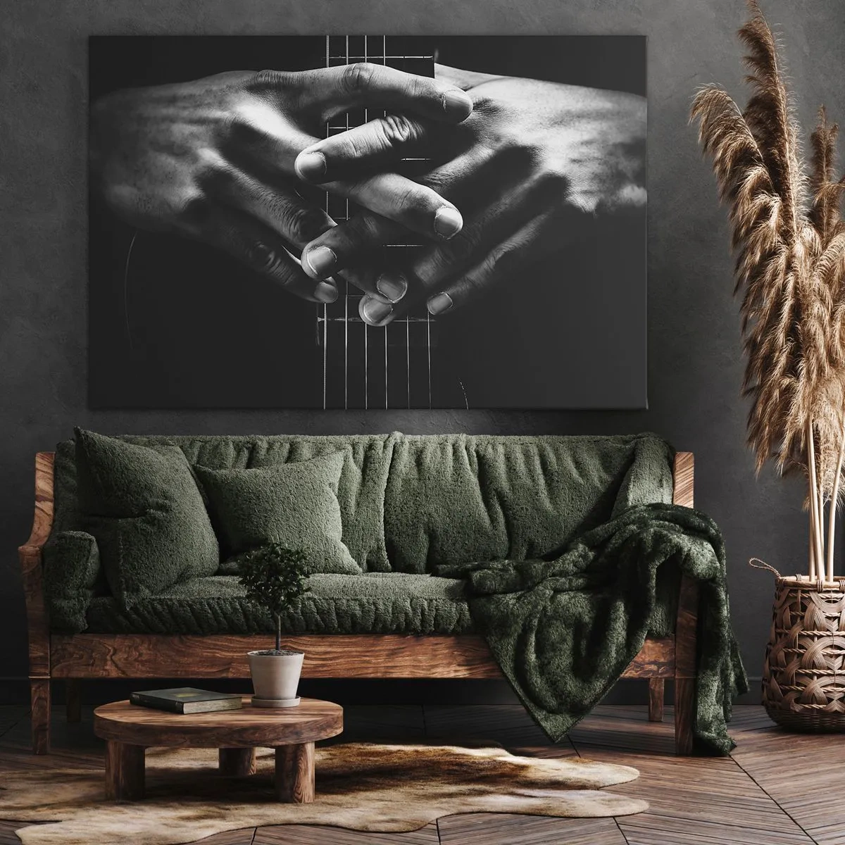 Canvastavla - Bild på duk - Händerna knäppta på en gitarr i en monokromatisk ton - 70x50cm - Artistens bön - Modern väggdekoration för vardagsrum och sovrum ARTTOR