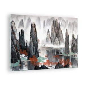 Glastavla - Bild på glas - Ett pittoreskt bergslandskap med dimmiga toppar och röda träd - 70x50cm - Mäktiga vakter - Modern väggdekoration för vardagsrum och sovrum ARTTOR