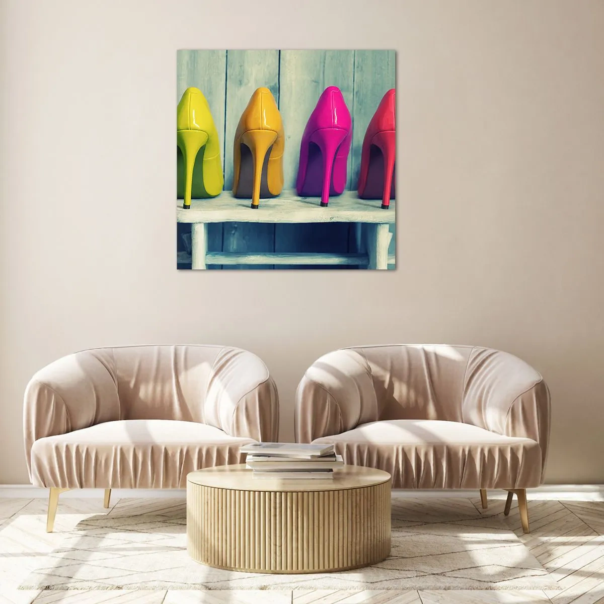 Glastavla - Bild på glas - En promenad på regnbågen - 70x70 cm