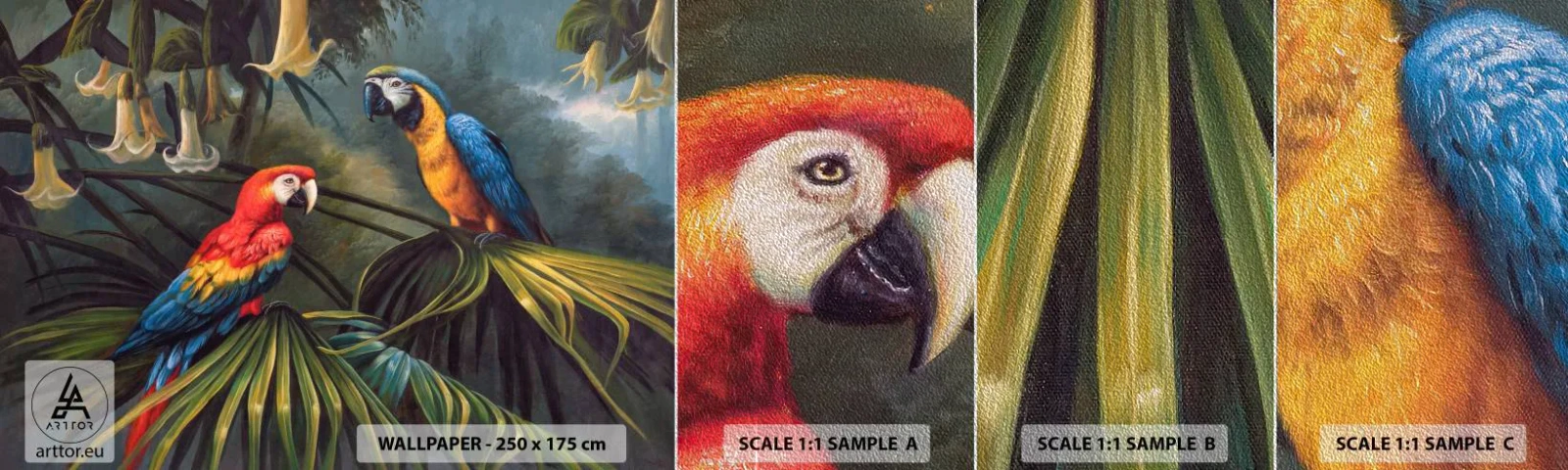 Provbit av fototapet Premium Sand - Romantiken i tropikerna - Ara papegoja, Djur, Tropisk skog - 100x30 cm