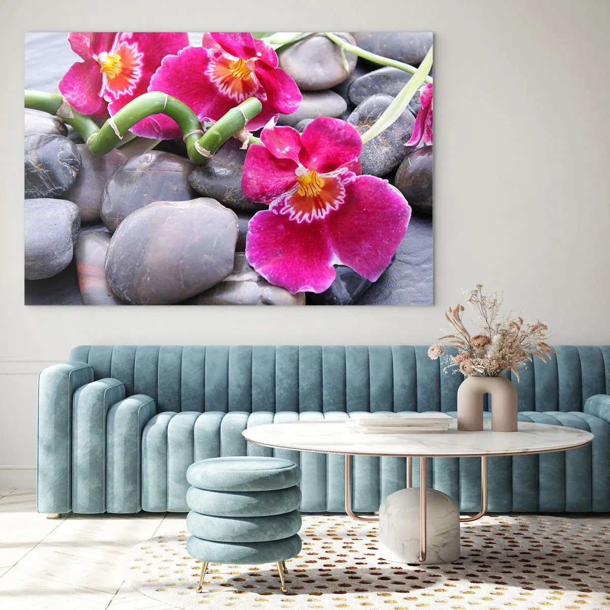 Glastavla - Bild på glas - Rosa orkidéer med bambu på stenar - 70x50cm - Kyla och glöd - Modern väggdekoration för vardagsrum och sovrum ARTTOR