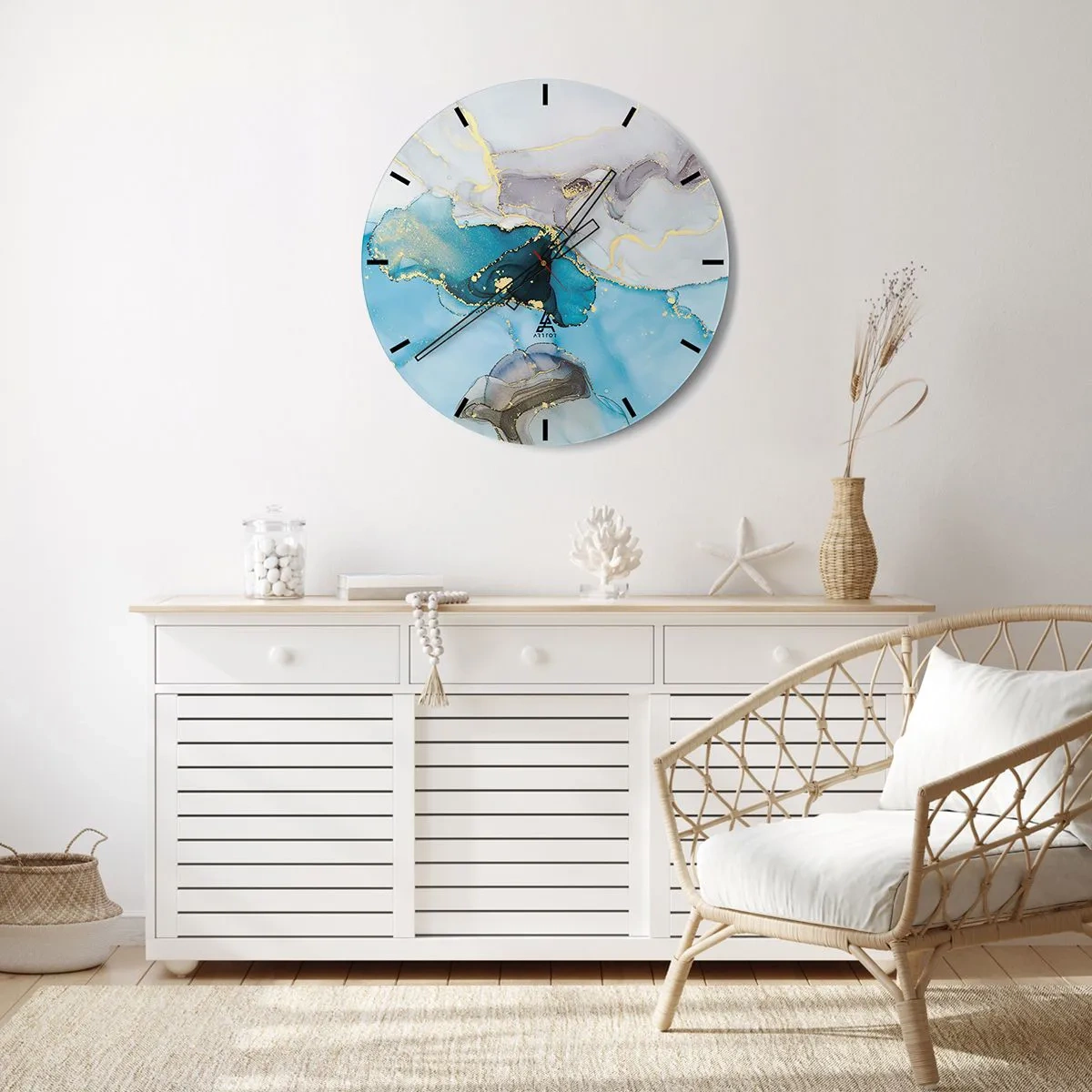 Väggklocka - Klocka på glas - En abstrakt kombination av grå, turkos och guldfärgade accenter - 30x30cm - Studie över mötet mellan grå och turkos - Modern väggdekoration för vardagsrum, kök och sovrum ARTTOR