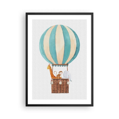 Affisch i svart ram - Akvarell illustration av en luftballong med söta djur - 50x70cm - Fantastisk resa - Modern väggdekoration för vardagsrum och sovrum ARTTOR