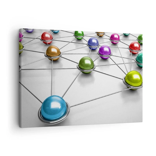 Canvastavla - Bild på duk - Färgglada bollar sammankopplade med tunna linjer på en vit bakgrund - 70x50cm - Rymdens spindelnät - Modern väggdekoration för vardagsrum och sovrum ARTTOR