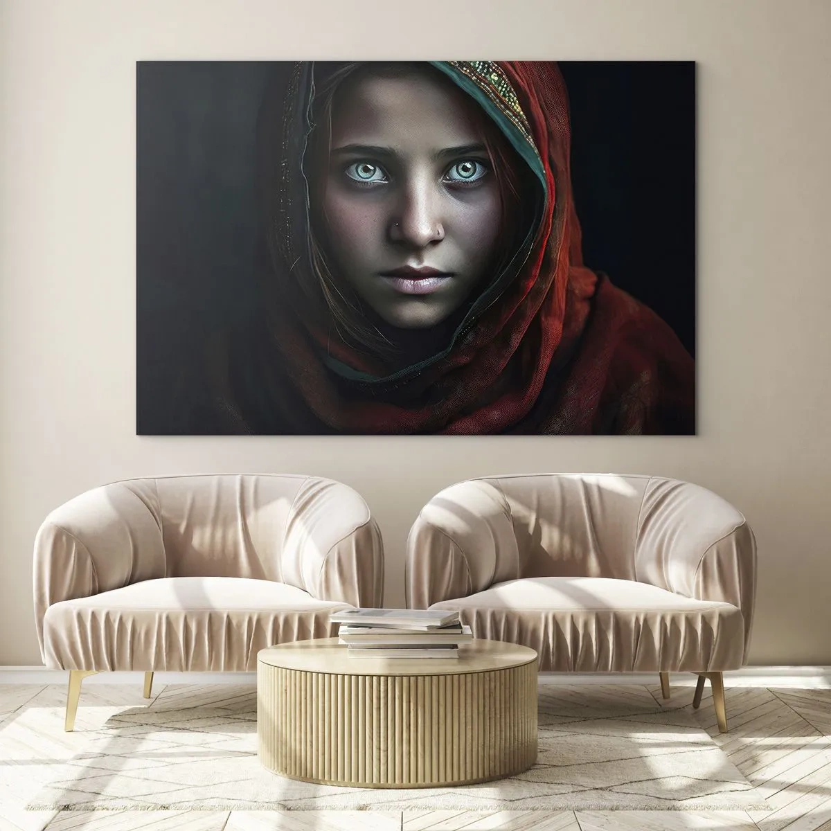 Glastavla - Bild på glas - Porträtt av en kvinna i en röd halsduk mot en mörk bakgrund - 70x50cm - Östlig prinsessa - Modern väggdekoration för vardagsrum och sovrum ARTTOR