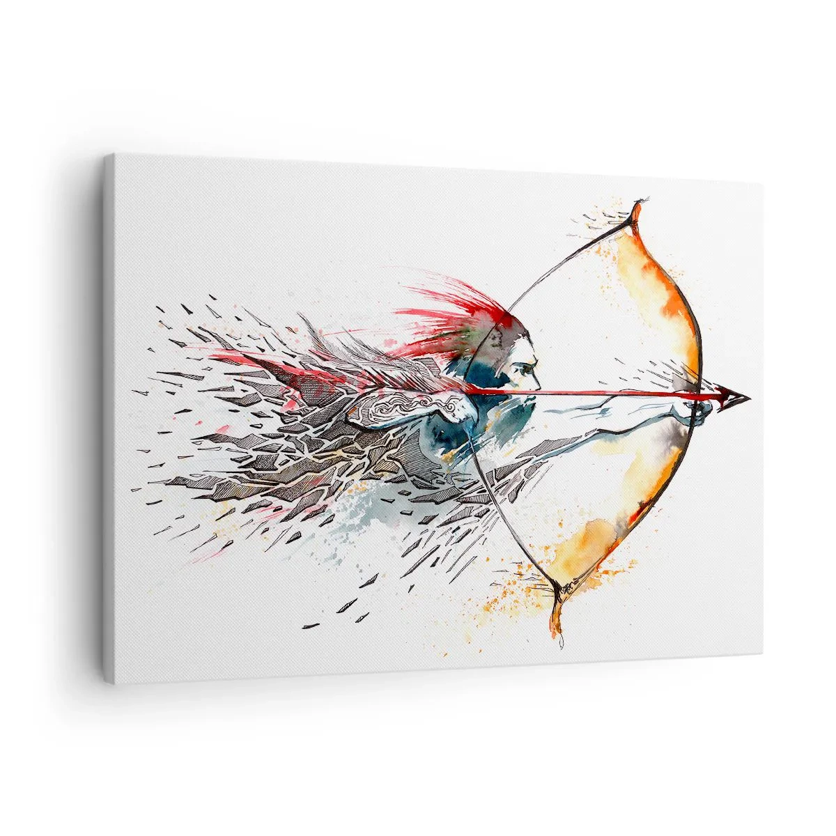 Canvastavla - Bild på duk - Dynamisk akvarellmålning av en krigare med pil och båge - 70x50cm - Mytomspunnen kämpe med brinnande båge - Modern väggdekoration för vardagsrum och sovrum ARTTOR