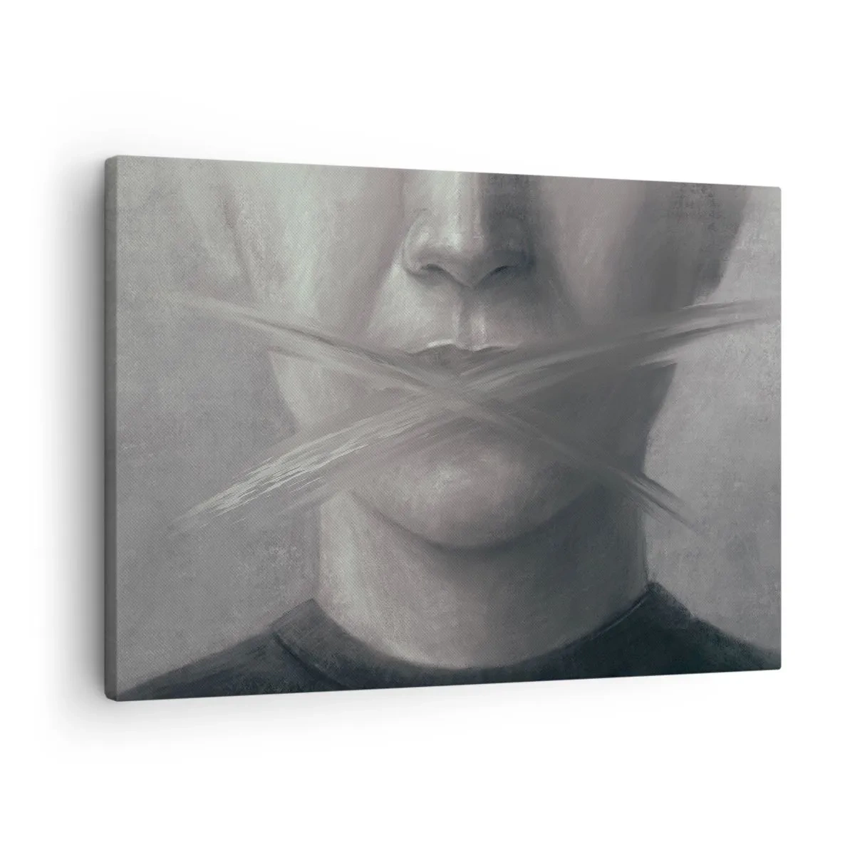Canvastavla - Bild på duk - Ett symboliskt porträtt med suddiga läppar i gråtoner. - 70x50cm - Inte ett ord - Modern väggdekoration för vardagsrum och sovrum ARTTOR
