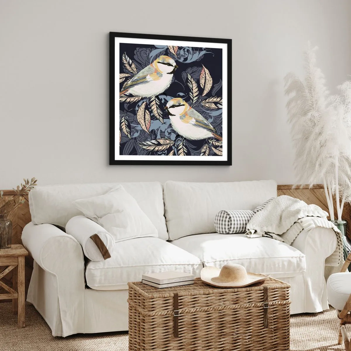Affisch i svart ram - Gul-grå fågelsång - 40x40 cm