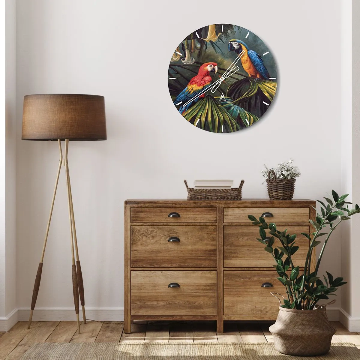 Väggklocka - Klocka på glas - Två färgglada papegojor som sitter på tropiska löv - 30x30cm - Romantiken i tropikerna - Modern väggdekoration för vardagsrum, kök och sovrum ARTTOR