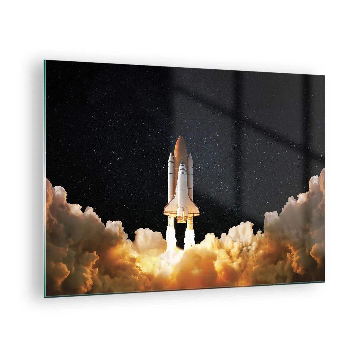 Glastavla - Bild på glas - En rymdfärja lyfter mot en stjärnklar himmel - 70x50cm - Ad astra! - Modern väggdekoration för vardagsrum och sovrum ARTTOR
