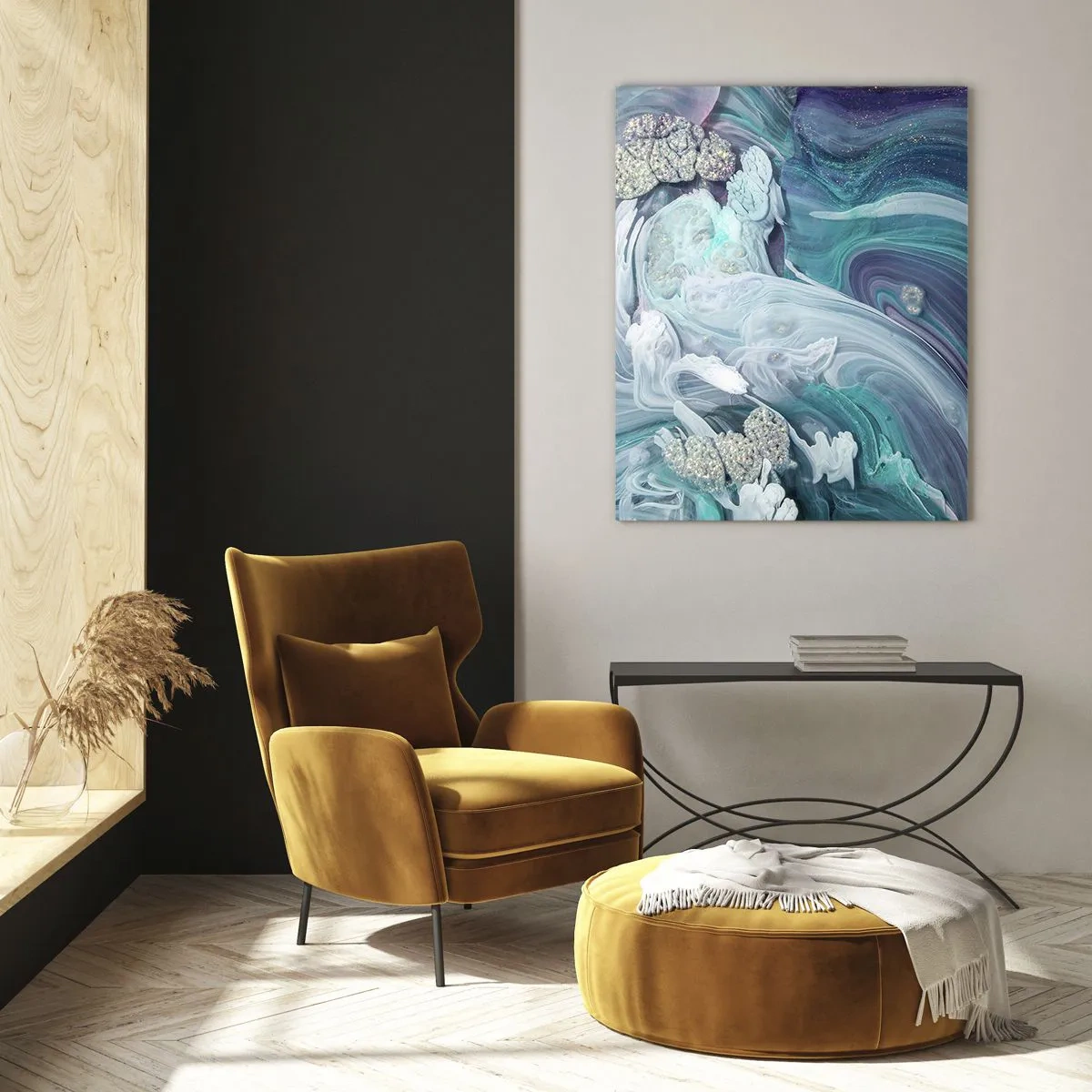 Glastavla - Bild på glas - Blåhetens strömmar - 70x100 cm