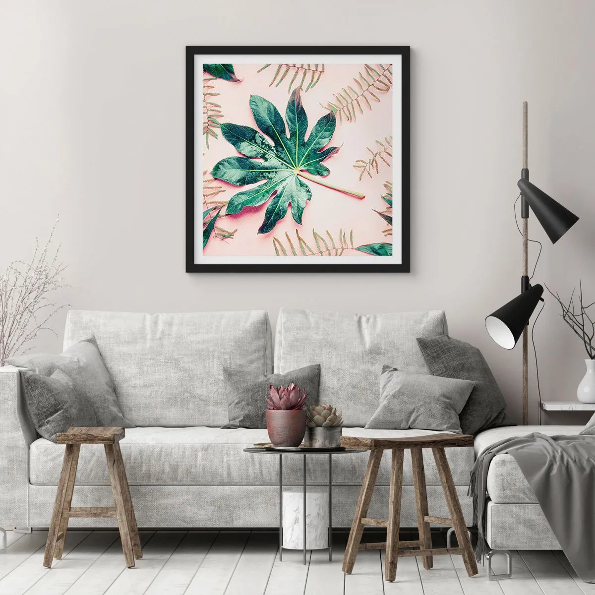 Affisch i svart ram - Grönskans studie mot rosa bakgrund - 40x40 cm