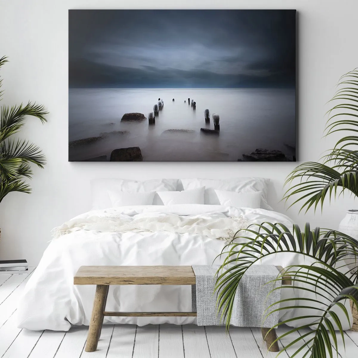 Canvastavla - Bild på duk - Den gamla piren mot bakgrund av ett lugnt hav - 70x50cm - Fundersam sjö - Modern väggdekoration för vardagsrum och sovrum ARTTOR