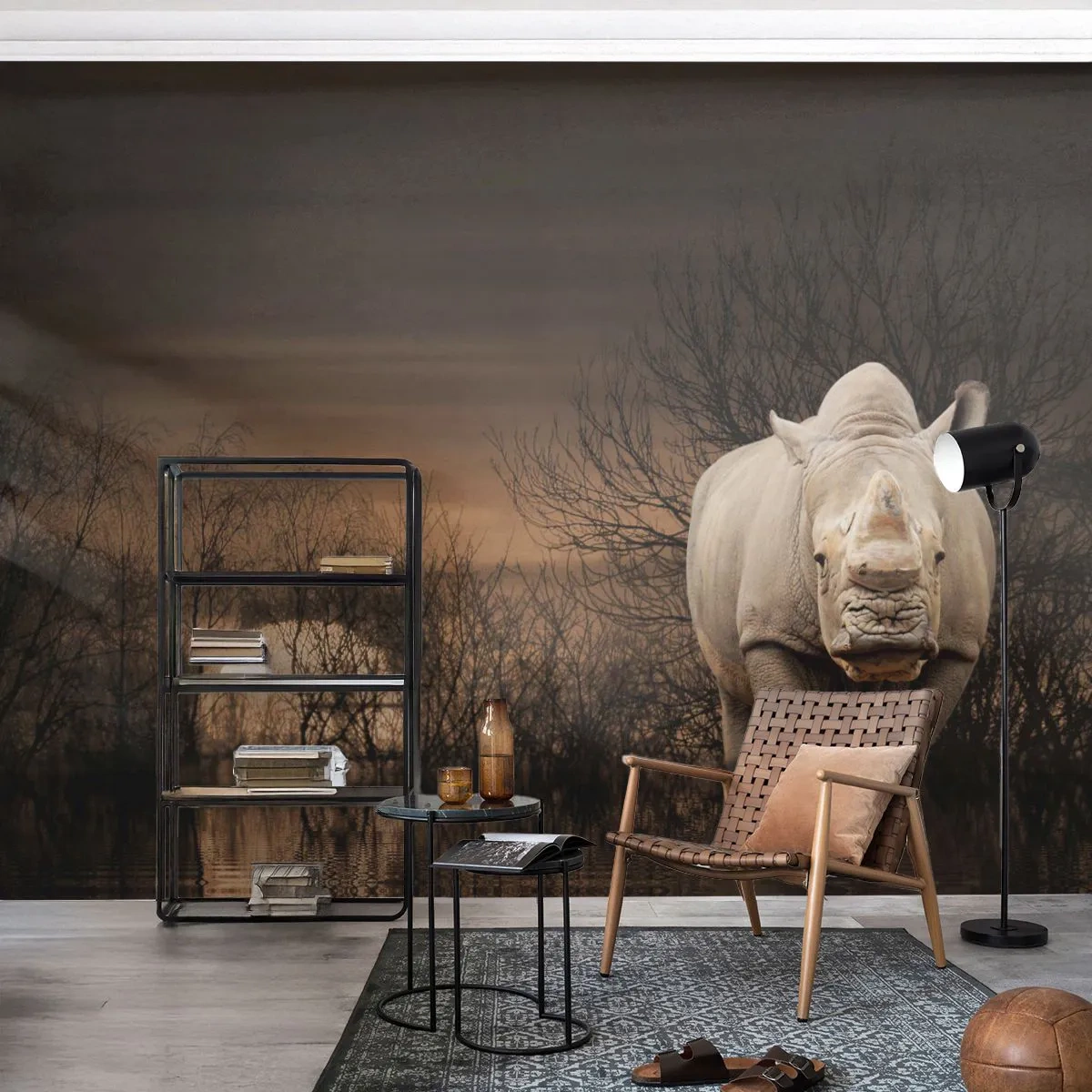 Fototapet Premium Sand - Vit mot naturen - Noshörning, Djur, Afrika - 400x280 cm