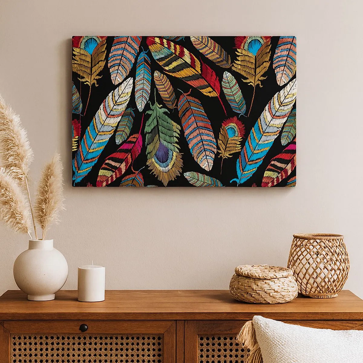 Canvastavla - Bild på duk - Färgglada fjädrar på svart bakgrund - 70x50cm - Fågelkarneval - Modern väggdekoration för vardagsrum och sovrum ARTTOR